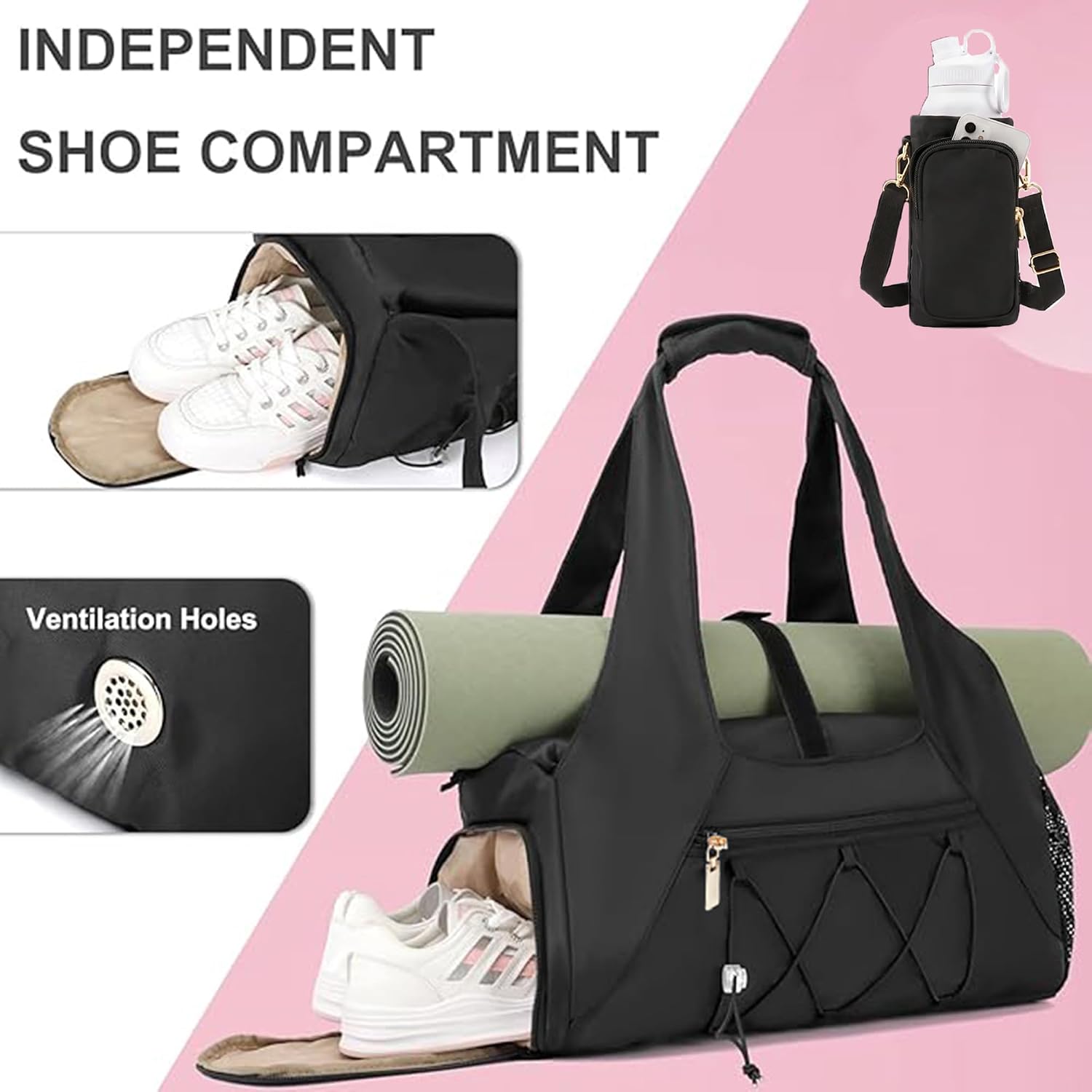 Gym Bag for Women, Yoga Mat Bag with Shoe Compartment and Wet Pocket, Sport Yoga Gym Bag with Yoga Strap, Carryall Yoga Tote Bag