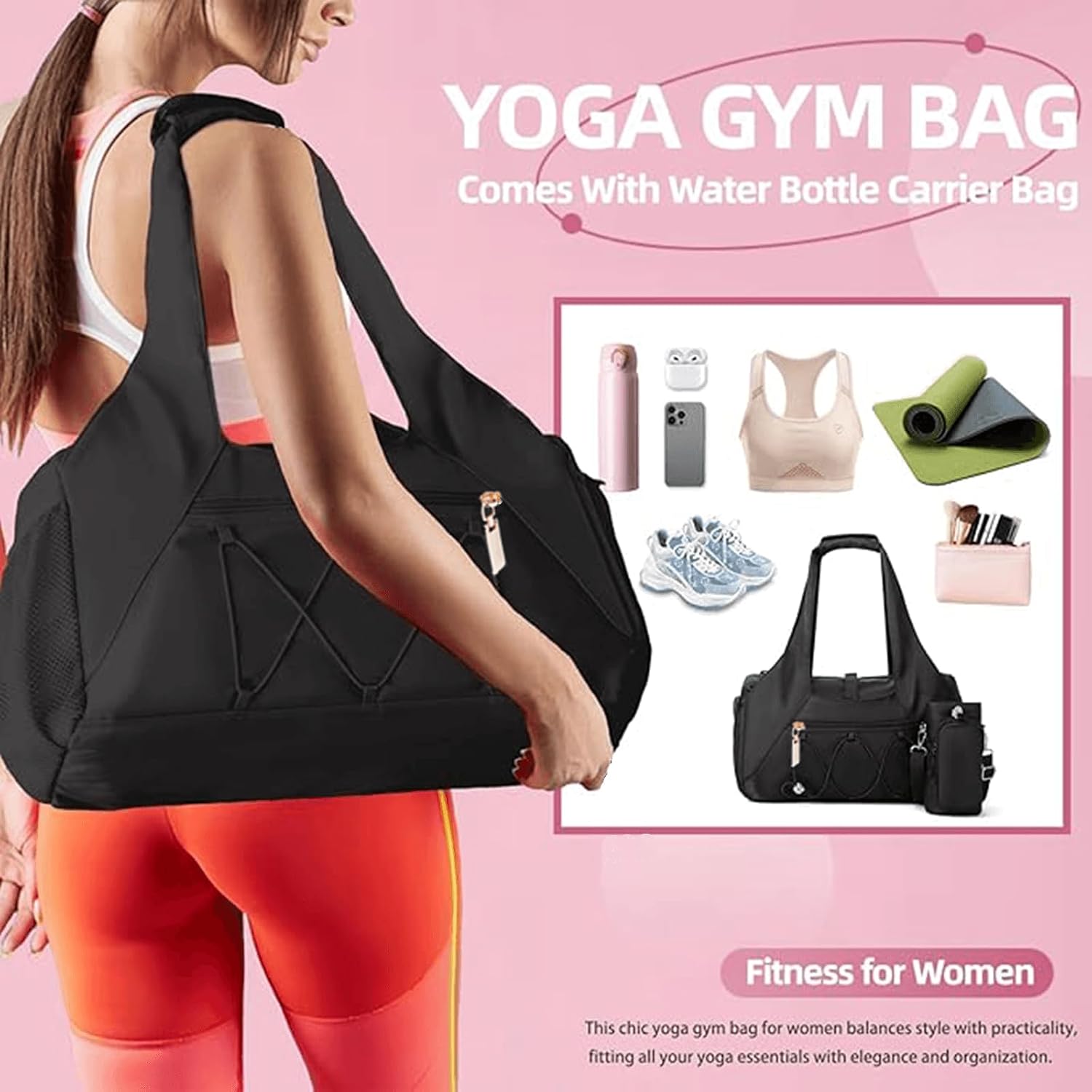 Gym Bag for Women, Yoga Mat Bag with Shoe Compartment and Wet Pocket, Sport Yoga Gym Bag with Yoga Strap, Carryall Yoga Tote Bag