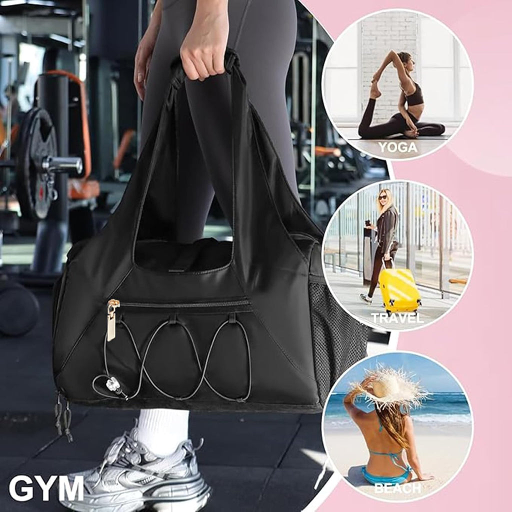 Gym Bag for Women, Yoga Mat Bag with Shoe Compartment and Wet Pocket, Sport Yoga Gym Bag with Yoga Strap, Carryall Yoga Tote Bag