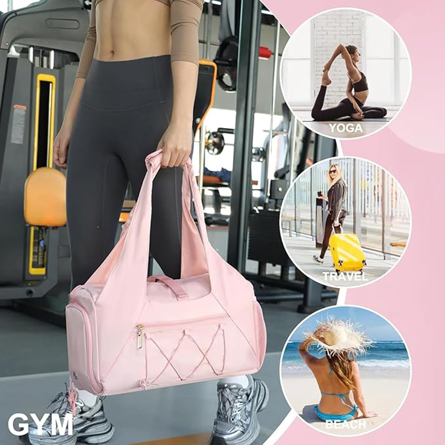Gym Bag for Women, Yoga Mat Bag with Shoe Compartment and Wet Pocket, Sport Yoga Gym Bag with Yoga Strap, Carryall Yoga Tote Bag