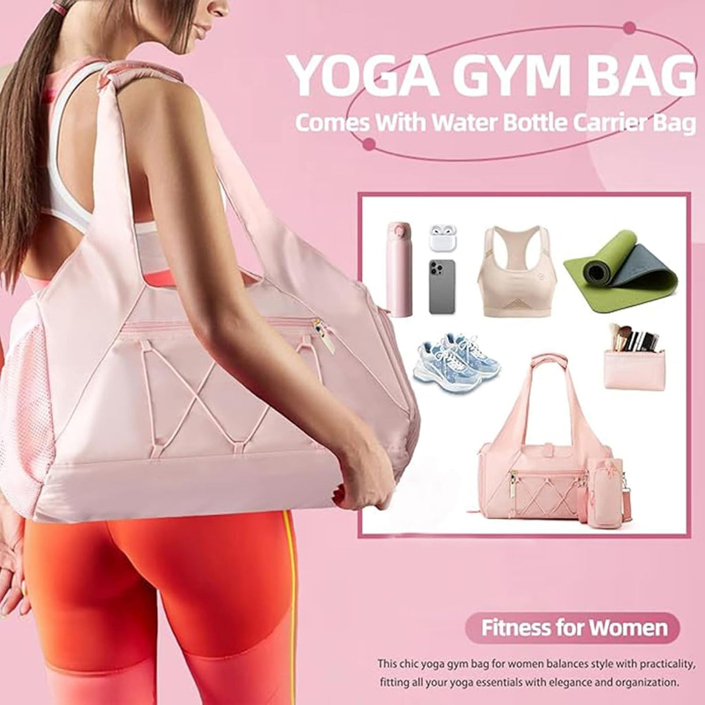 Gym Bag for Women, Yoga Mat Bag with Shoe Compartment and Wet Pocket, Sport Yoga Gym Bag with Yoga Strap, Carryall Yoga Tote Bag
