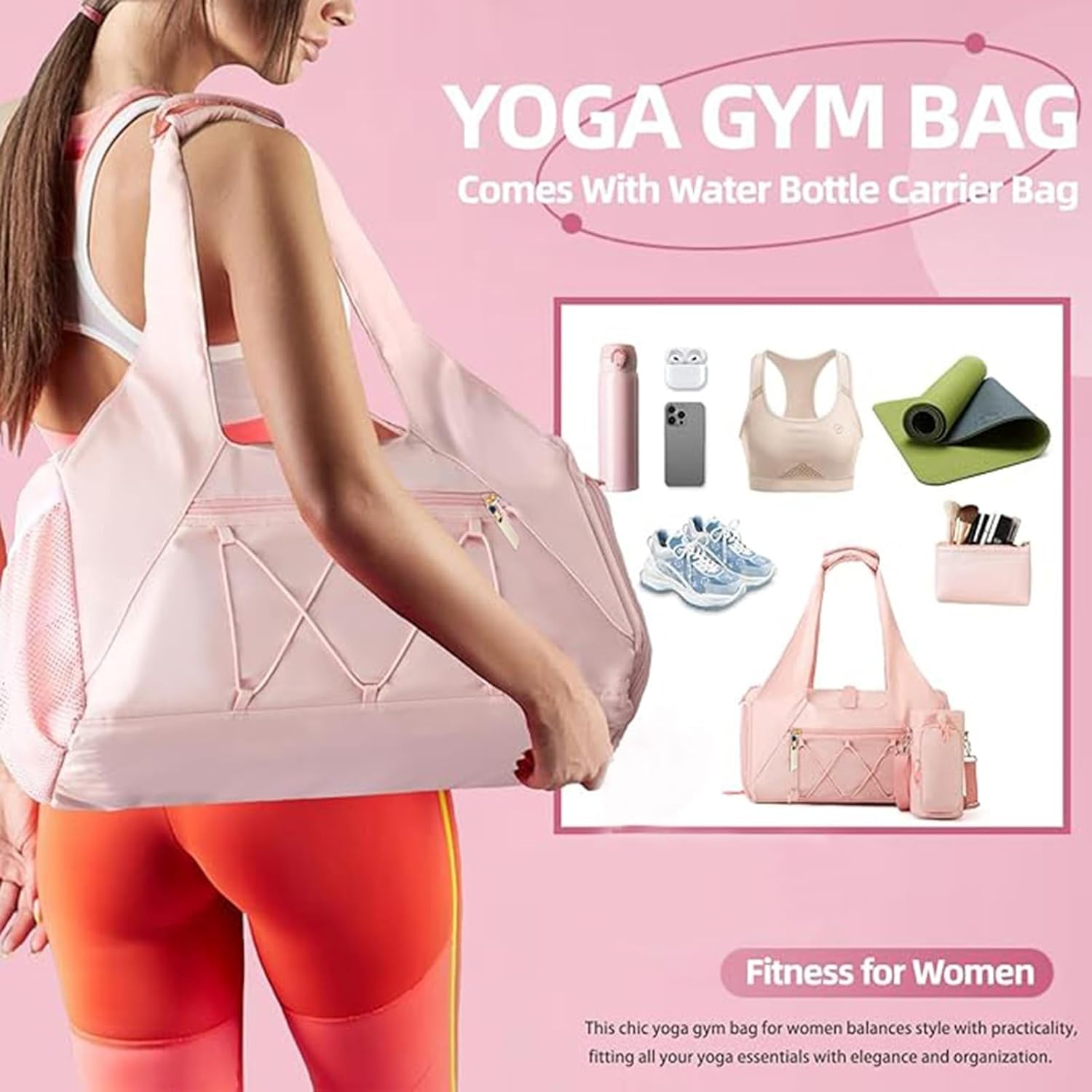 Gym Bag for Women, Yoga Mat Bag with Shoe Compartment and Wet Pocket, Sport Yoga Gym Bag with Yoga Strap, Carryall Yoga Tote Bag