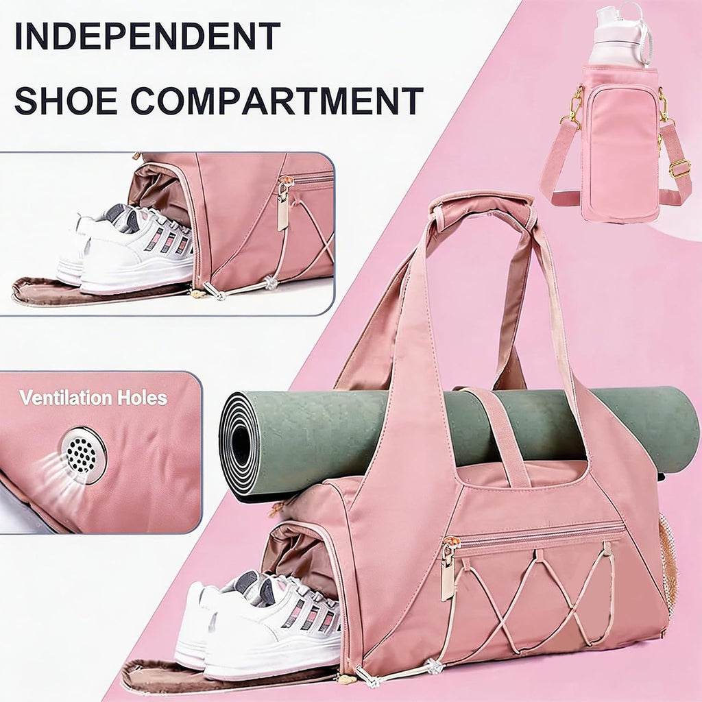 Gym Bag for Women, Yoga Mat Bag with Shoe Compartment and Wet Pocket, Sport Yoga Gym Bag with Yoga Strap, Carryall Yoga Tote Bag